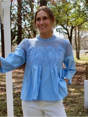 Sky Blue Lace Yoke Peasant Tunic Top